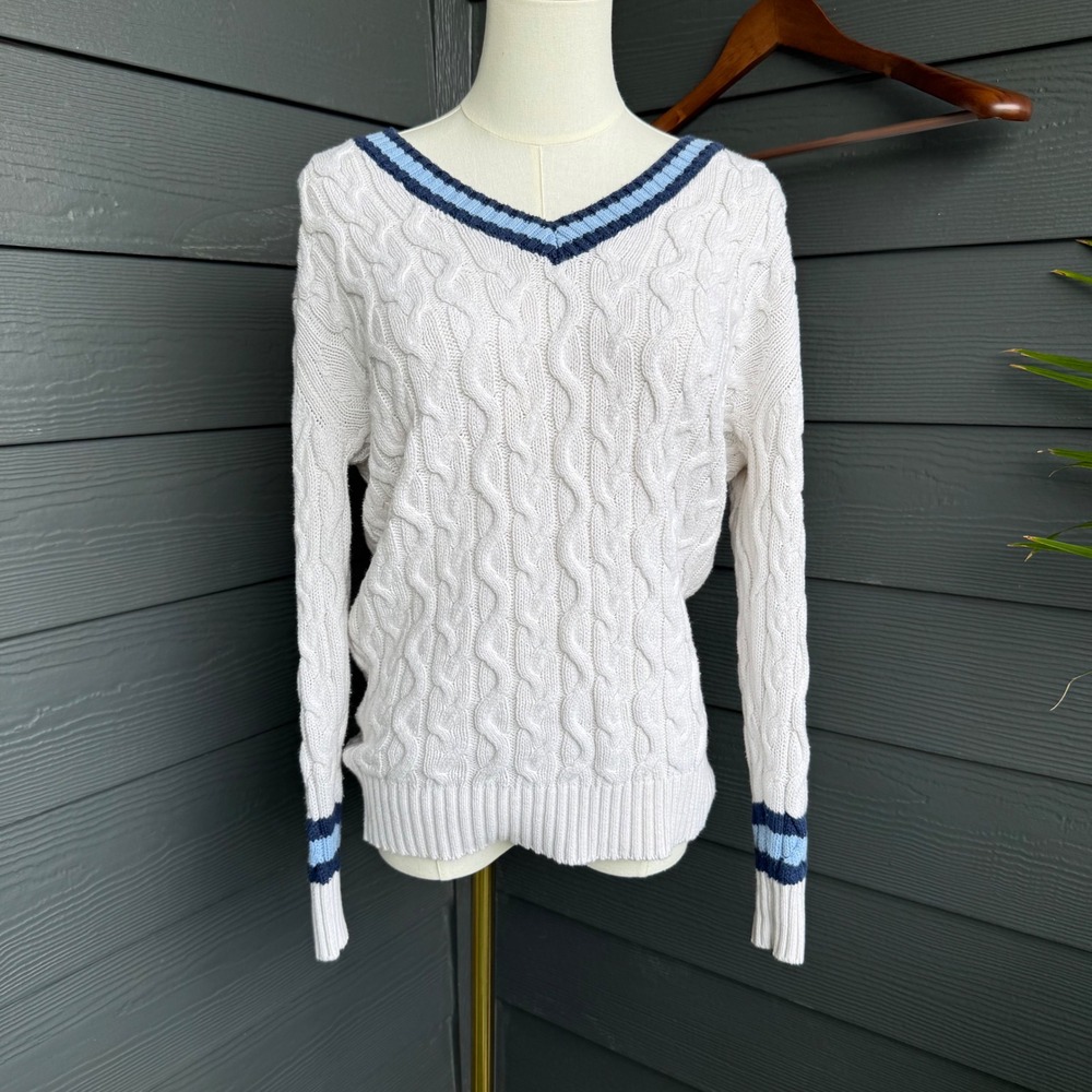 American Eagle Cricket Sweater Womens XS Cable Knit Stripe V-Neck Old Money Prep